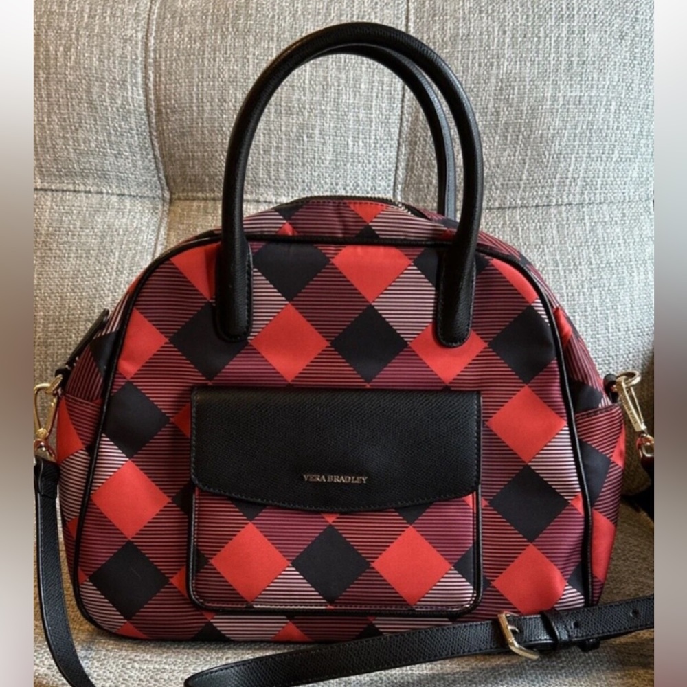 Vera Bradley red/black plaid nylon/leather dome satchel with crossbody strap
